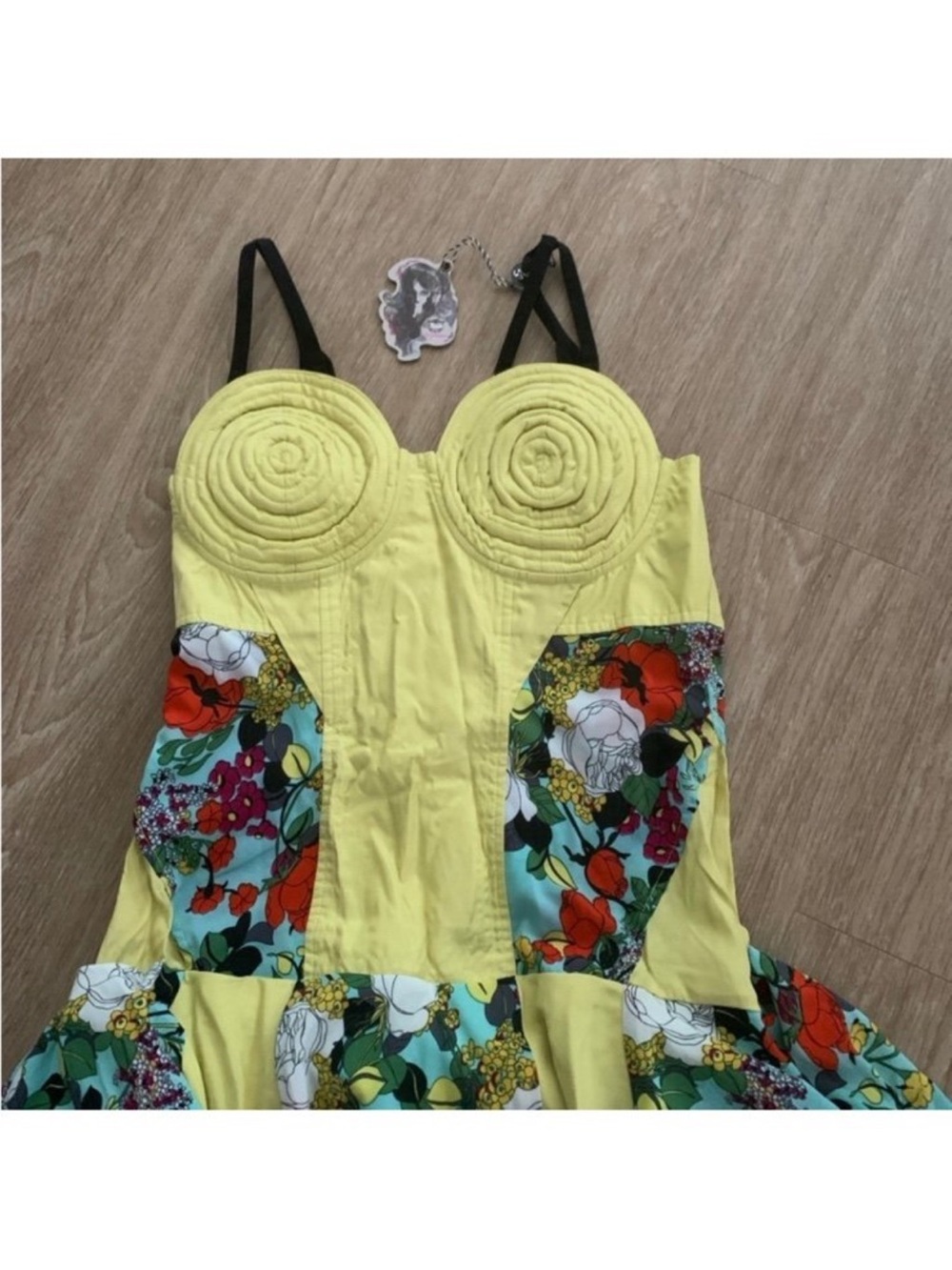 Nurvula Yellow Floral bustier Maxi Dress with Contrast Panels